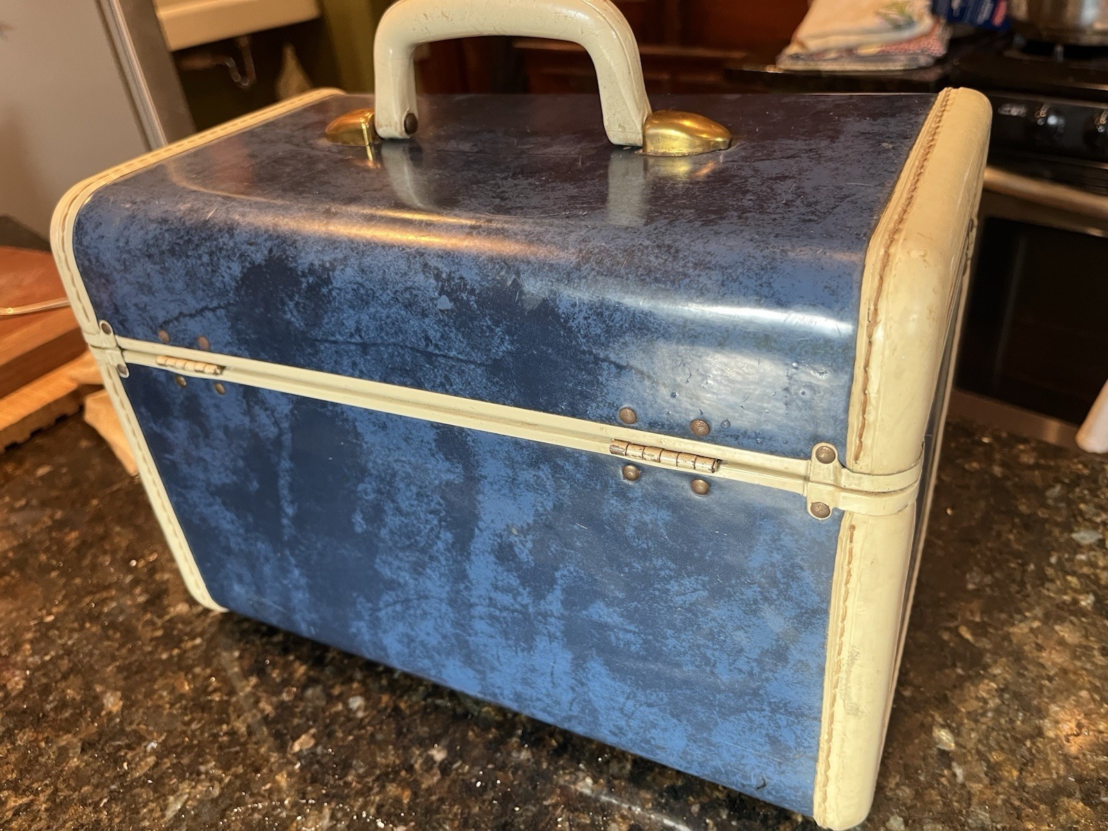Vintage Samsonite Train Case Blue Marbled Shwayder Bros Makeup Vanity Box Mirror