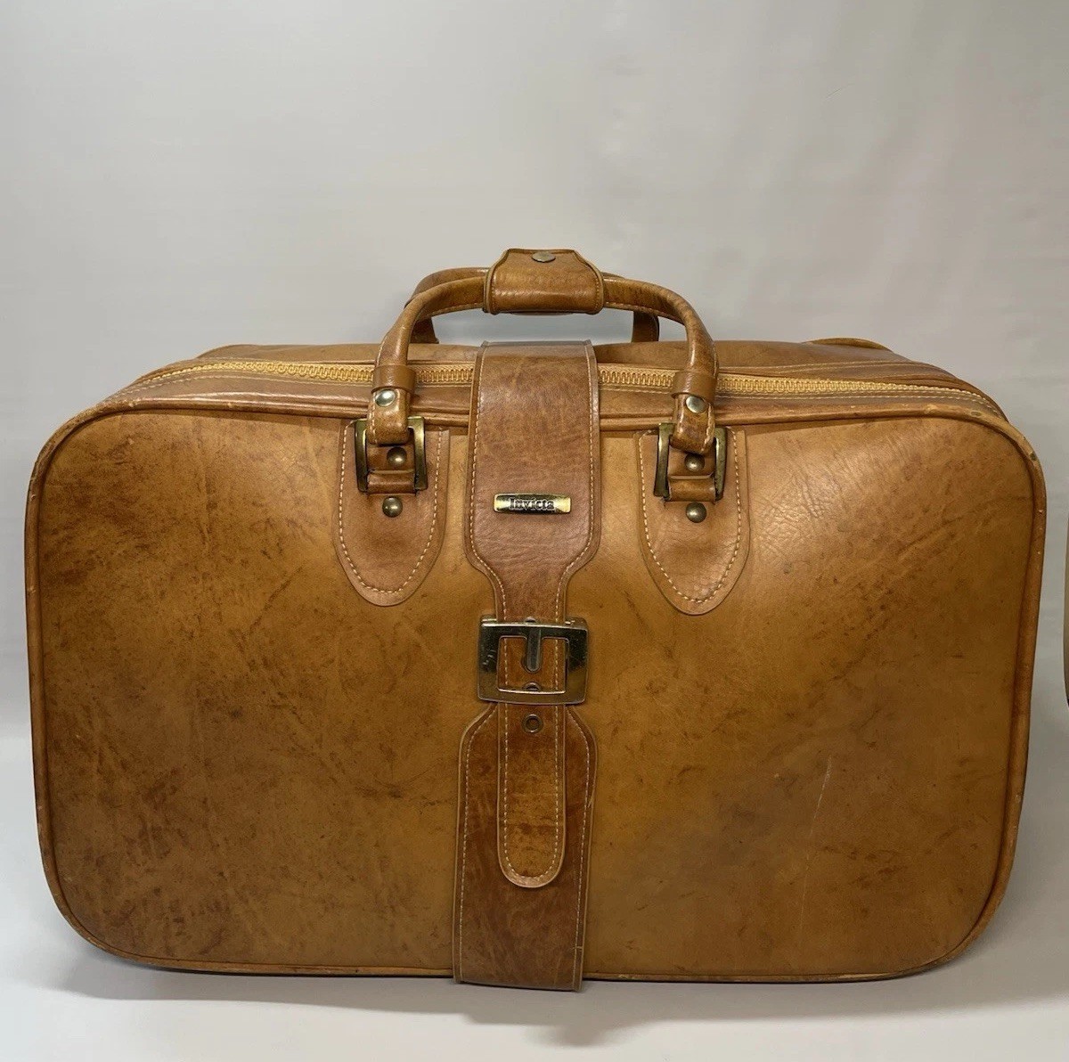 1960s Invicta Leather Suitcase Talon Zip Brown Vintage 14×21” Expandable Strap
