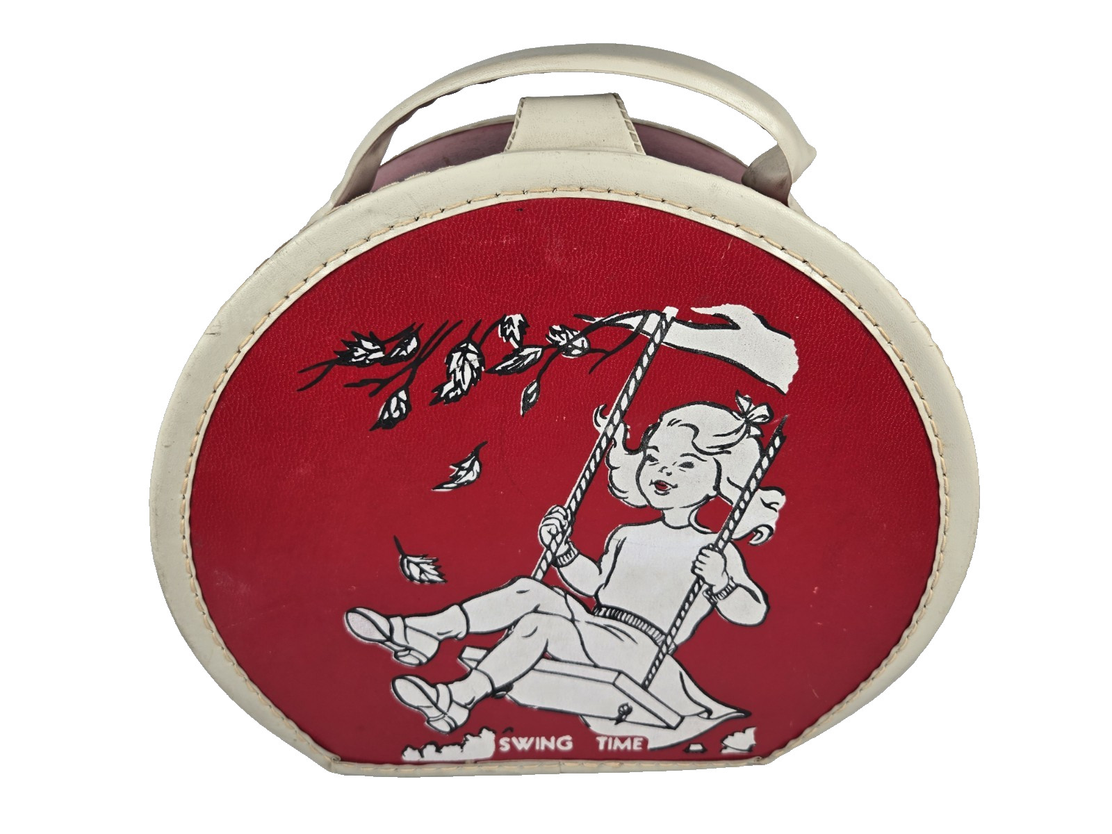 Girl on Swing 1950 – 60s Childs Swing Time Suitcase Red Case Paperboard & Vinyl