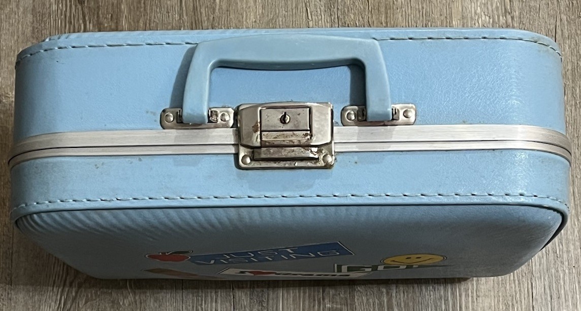Vintage 1970’s Blue Suitcase Hard Vinyl Vanity Case Travel Visiting Grandma