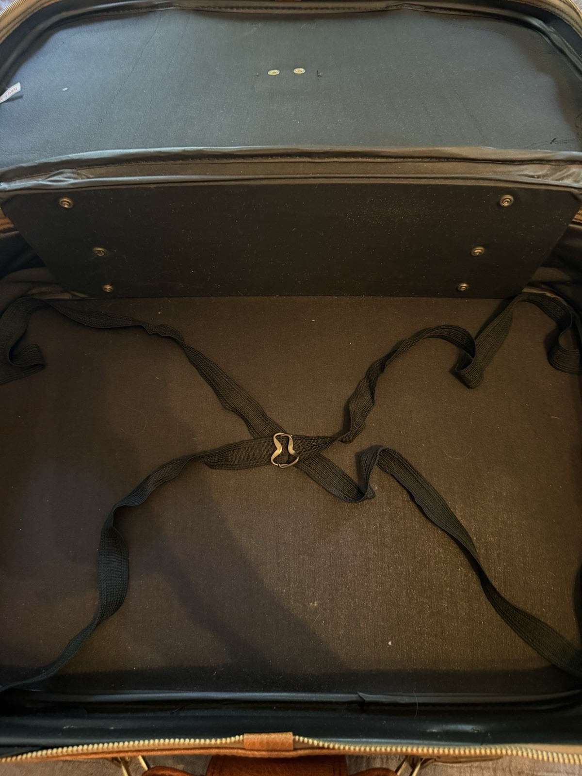 Vintage Unbranded Faux Leather Mid Century 1970’s Brown Belted Luggage23x15x6.5”