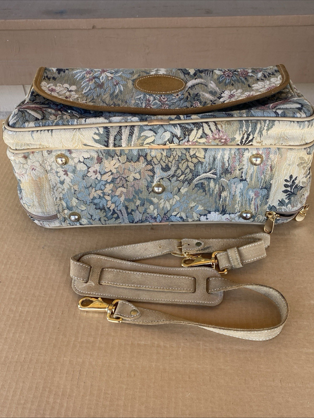 Vintage French Luggage Company Paradise Suede Tapestry Carry On Bag Made in USA