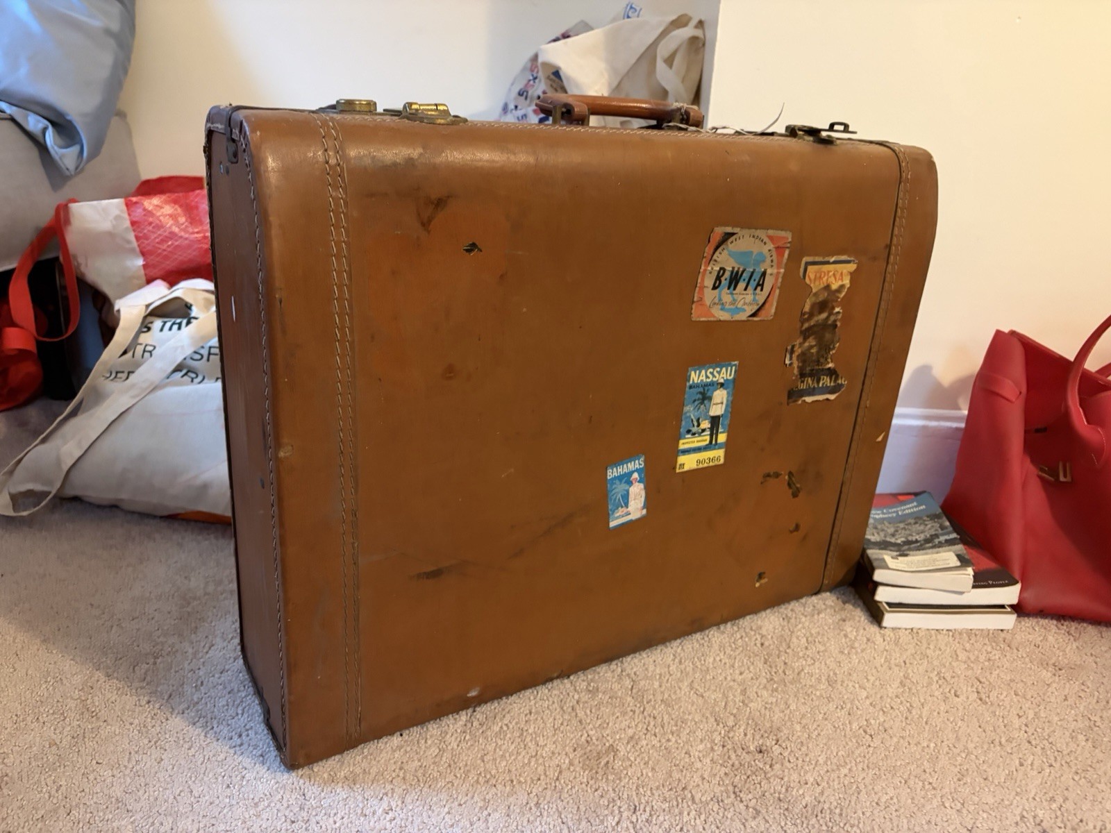 Vintage Tan Leather Hard Luggage 23 x 17 x 5 w/ Stickers Damage Rust 1950’s