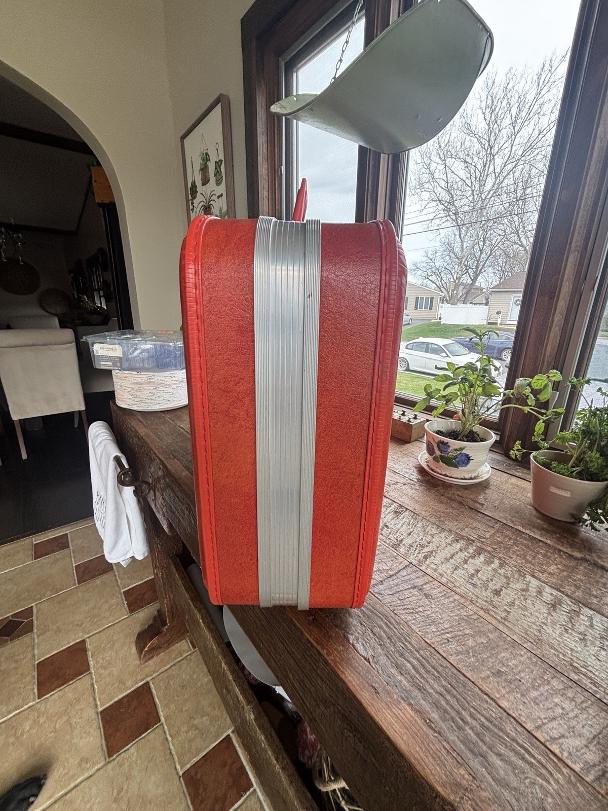 Vintage 1960s Hard Shell Suitcase Vinyl Metal Locking Extra Compartments
