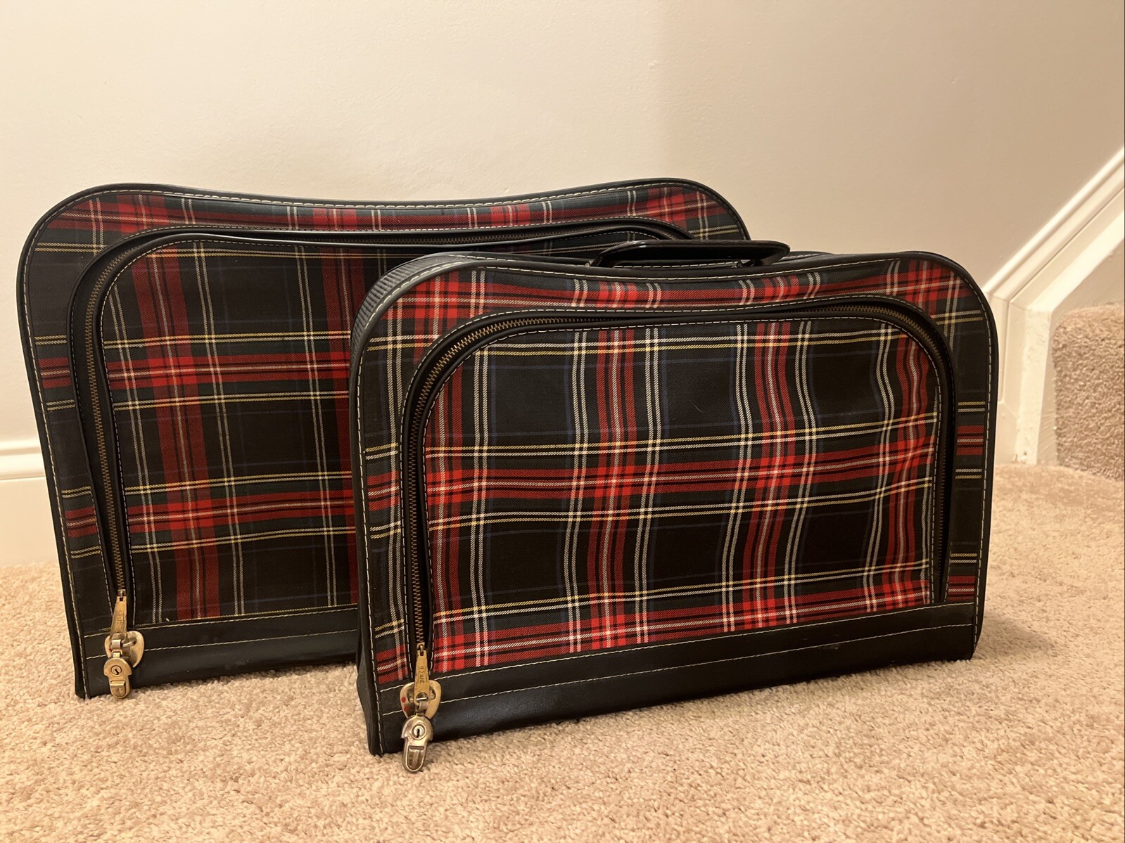 2 Vintage Red And Black Tartan Plaid Softshell Luggage Suitcases