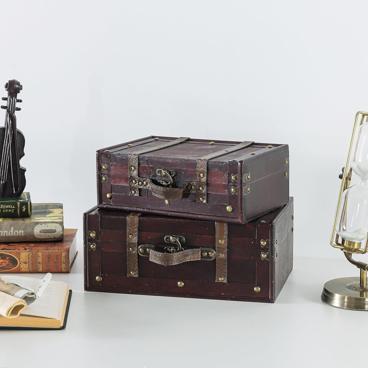 Wooden Vintage Luggage Trunks – Set of 2, Decorative Antique Suitcase Boxes with
