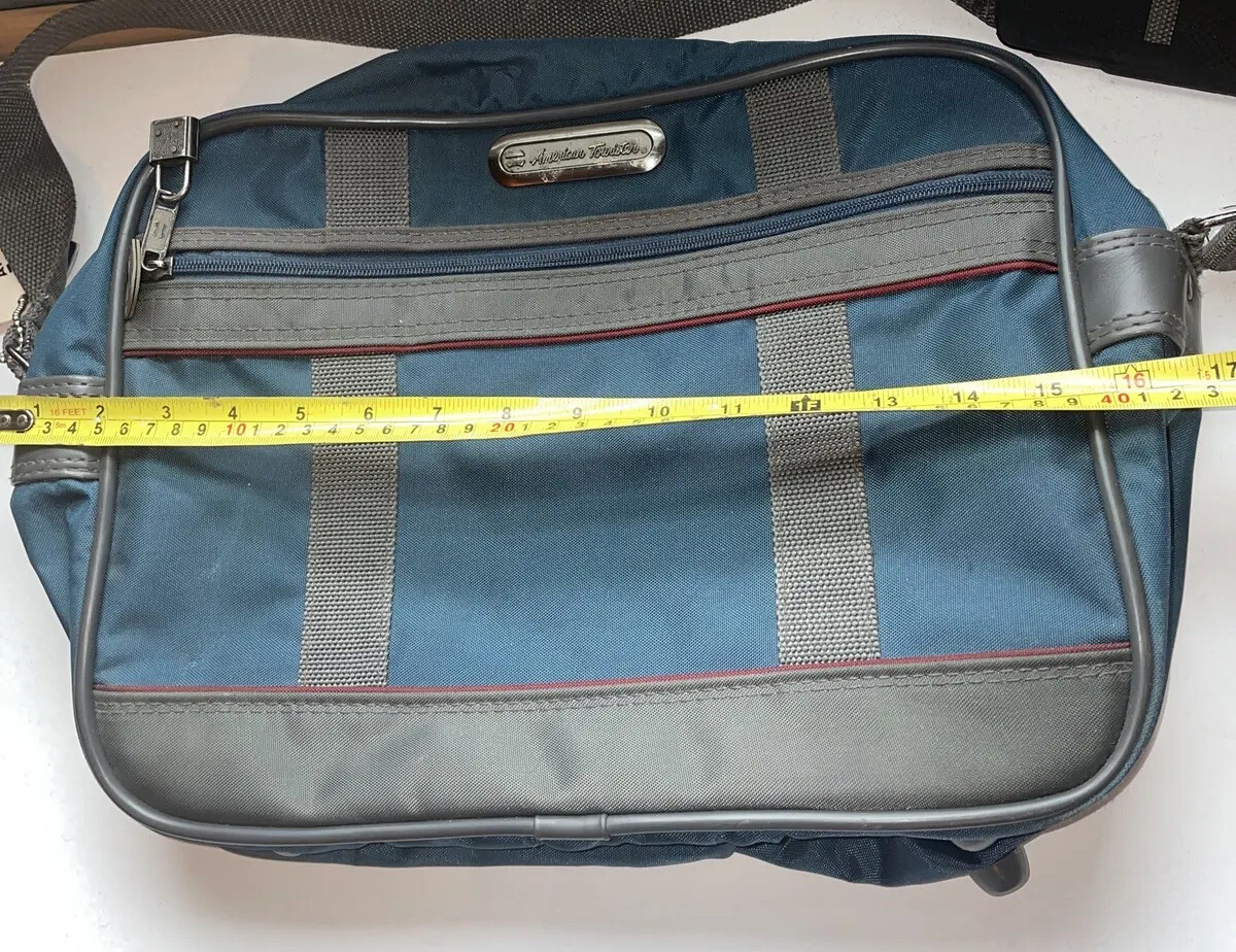 American Tourister Blue Canvas Carry On Bag Shoulder Strap Luggage Tag Footed