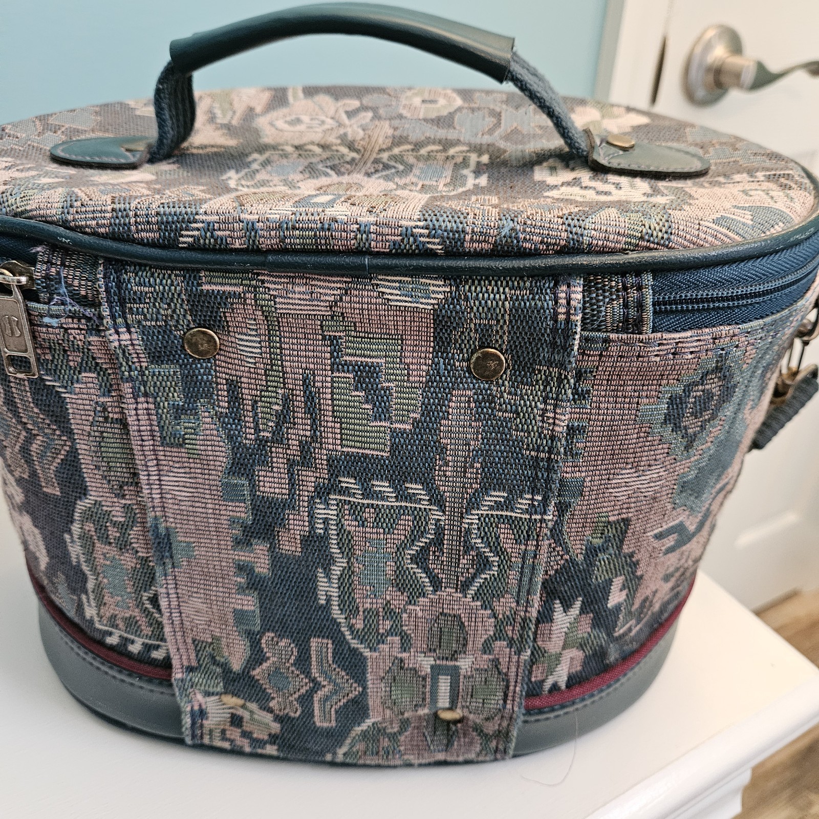 Vintage 1980s American Tourister Green Tapestry Train Case