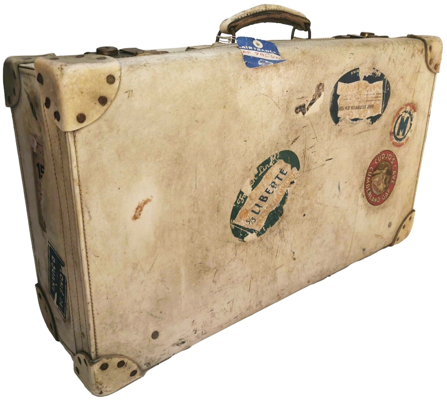 SCARCE 1920’S/30’S ANTIQUE HAND SEWN WHT LEATHER HARD SUITCASE W/TRAVEL STICKERS