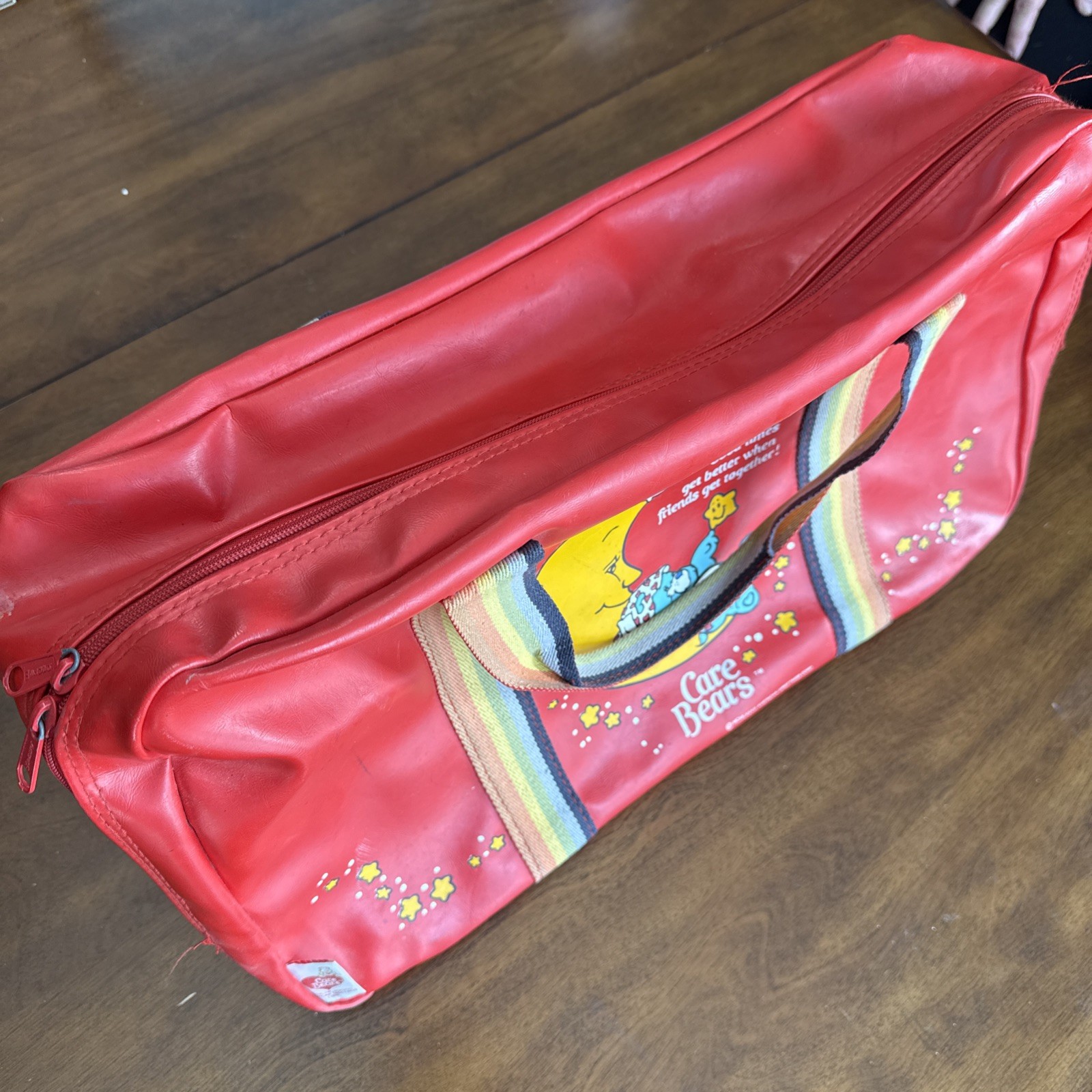 Vintage 1983 Care Bears Red Vinyl Duffel Travel Bag Rainbow Straps Moon Graphic
