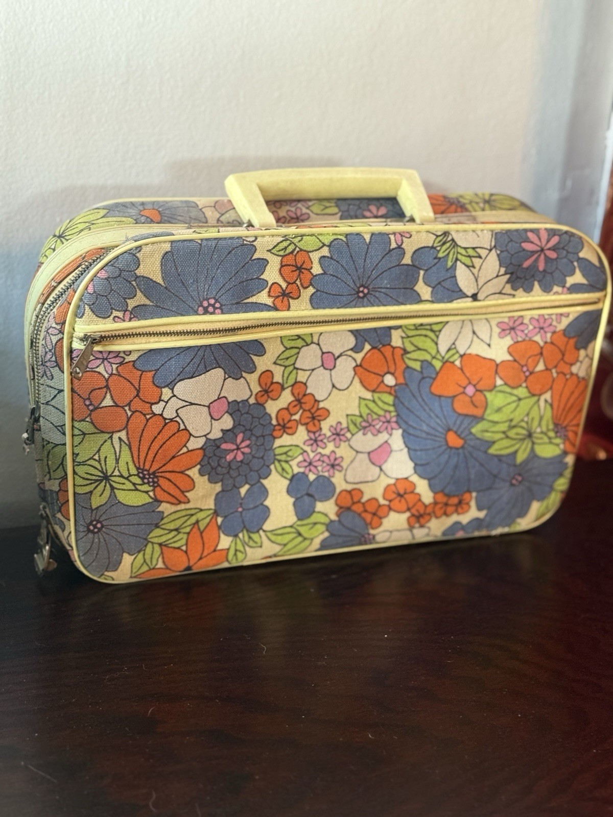 Vintage Cloth Suitcase Overnight Travel Bag Flower Power Groovy 1960s Hippie