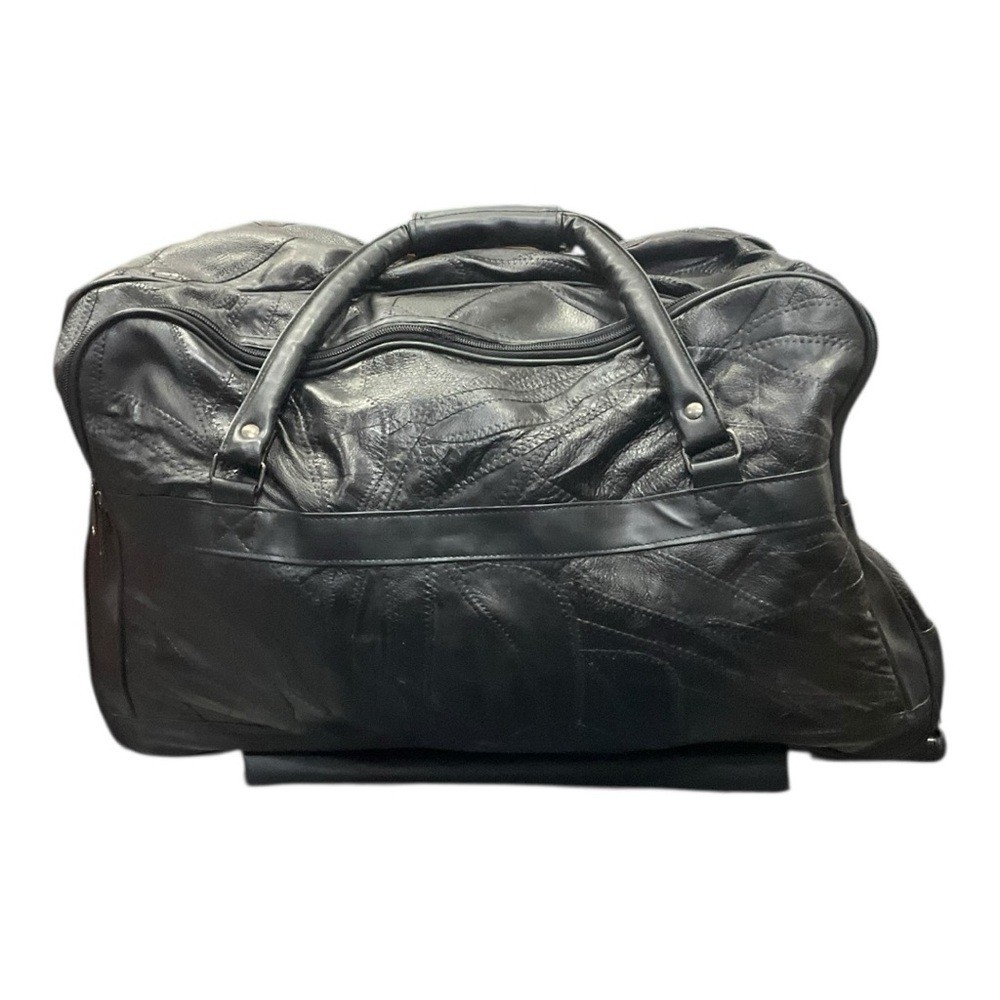 🖤 Vintage Genuine Leather Rolling Duffel Bag 🧳 Patchwork Travel Carry-On