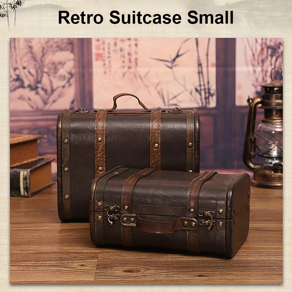 Vintage Wood Leather Antique Suitcase Storage Box Photography Prop Home Decor