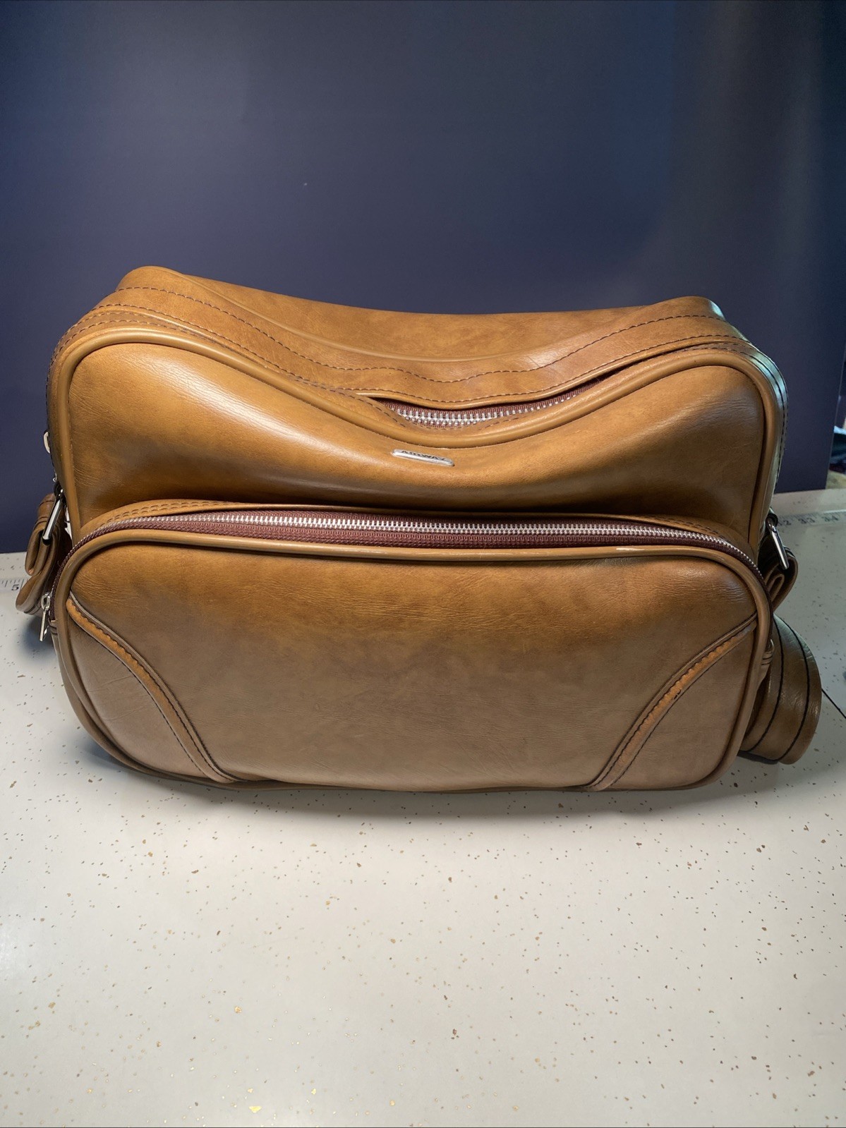 Vintage Airway Brown Shoulder Bag Luggage Carry On Suitcase Locking Pleather
