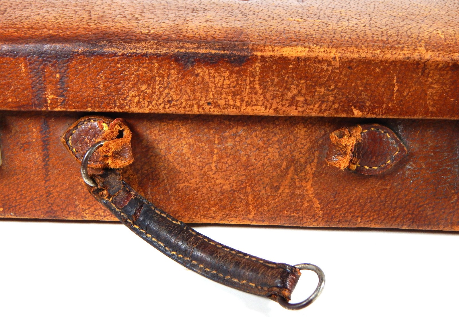1930-50s LEATHER SUITCASE AGE PATINATION TRAVEL STICKERS EMBOSSED MONOGRAM 18×10