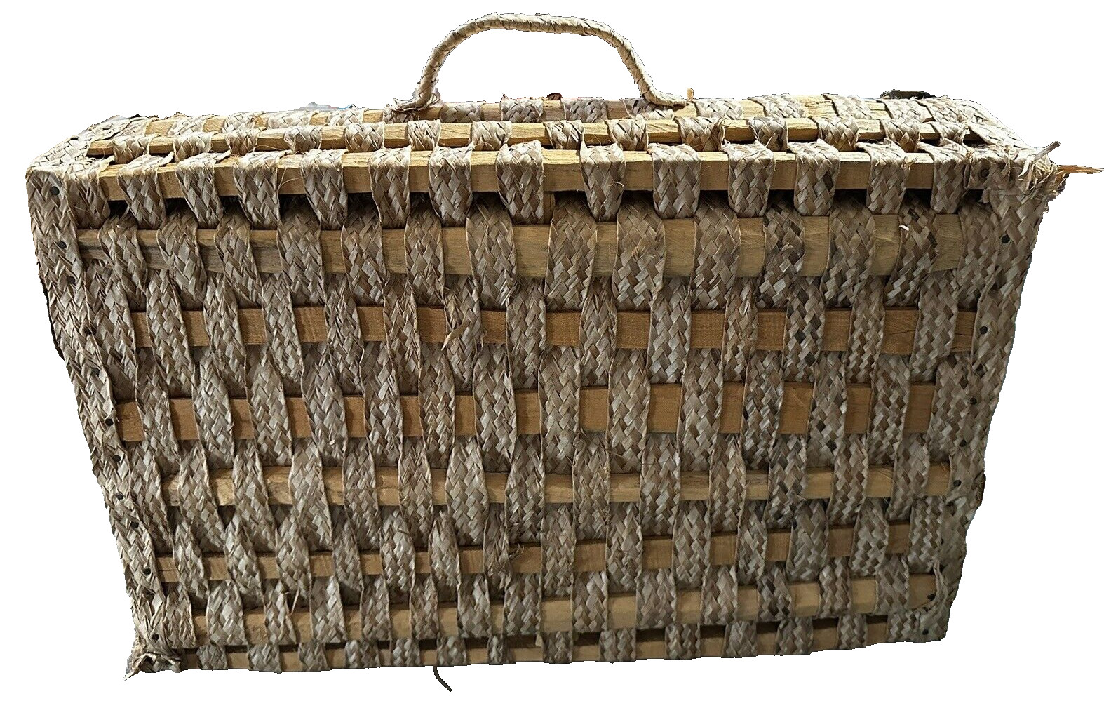 Vintage Handmade natural fiber and wood 21″ X 13″ suitcase