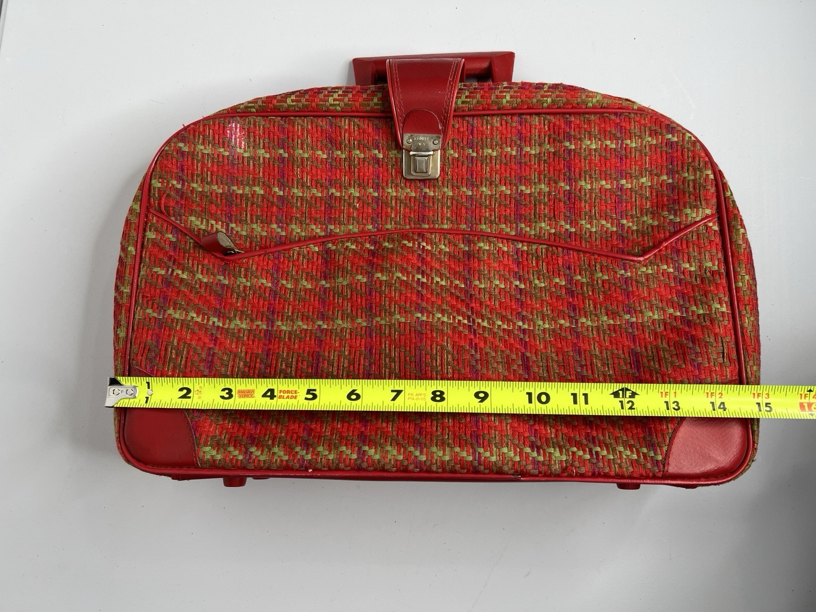 Vintage Suitcase Plaid Made in Japan Red Vinyl Pockets Zipper Retro Travel