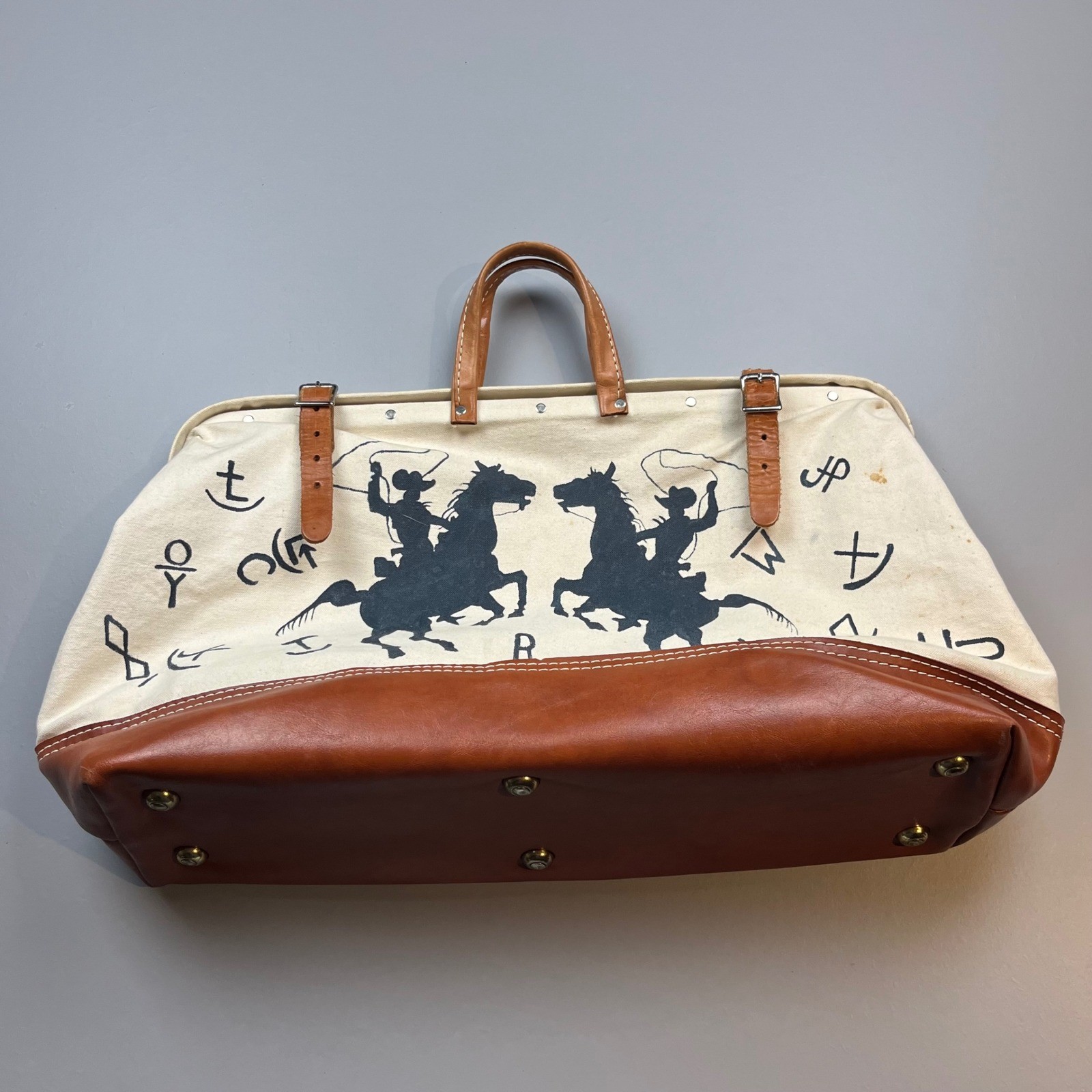 Vintage Canvas Duffel Bag Unisex Large Cream Western Cowboy Hand Painted 1993