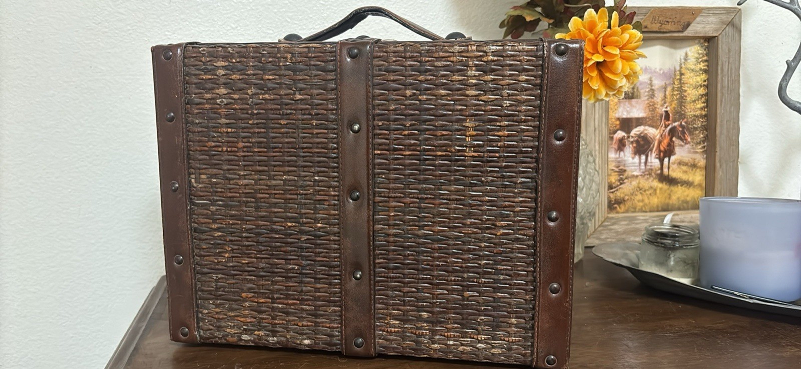 True Vintage Wicker Hard-Sided Suitcase w/ Top Handle, Brown,