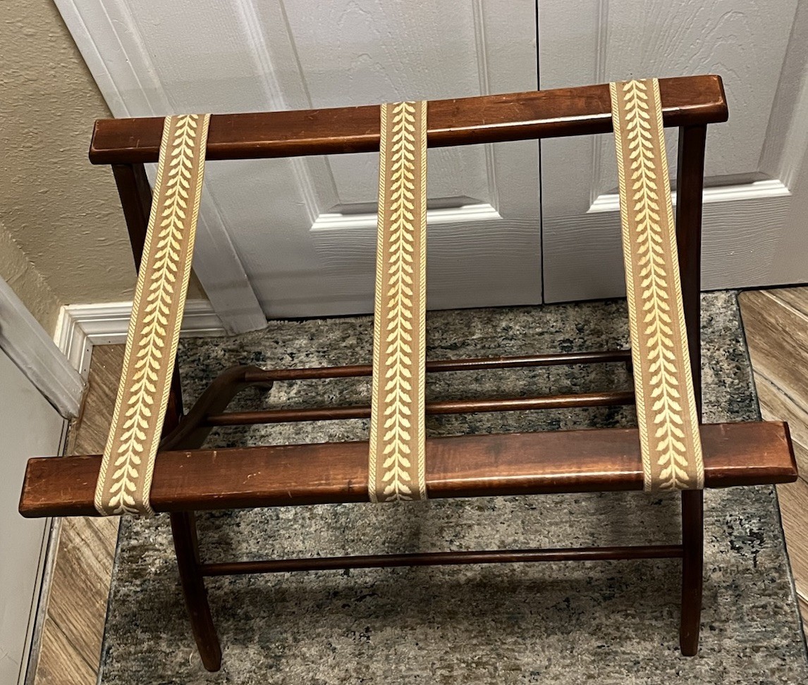 Wooden 60s Folding Luggage Rack Suitcase Stand Tapestry Straps Pennsylvania Made