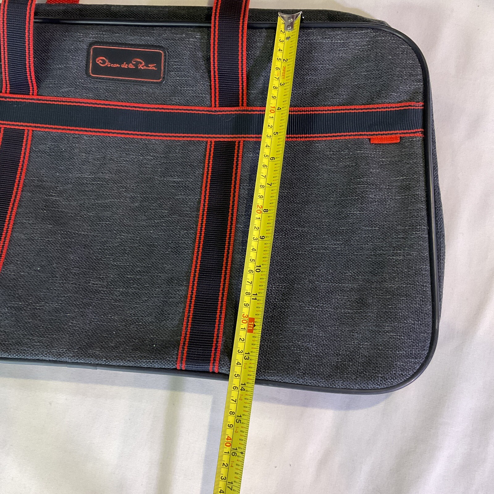 Vintage Oscar De La Renta Blue Red Tweed Travel Bag Luggage 14″ X 24″