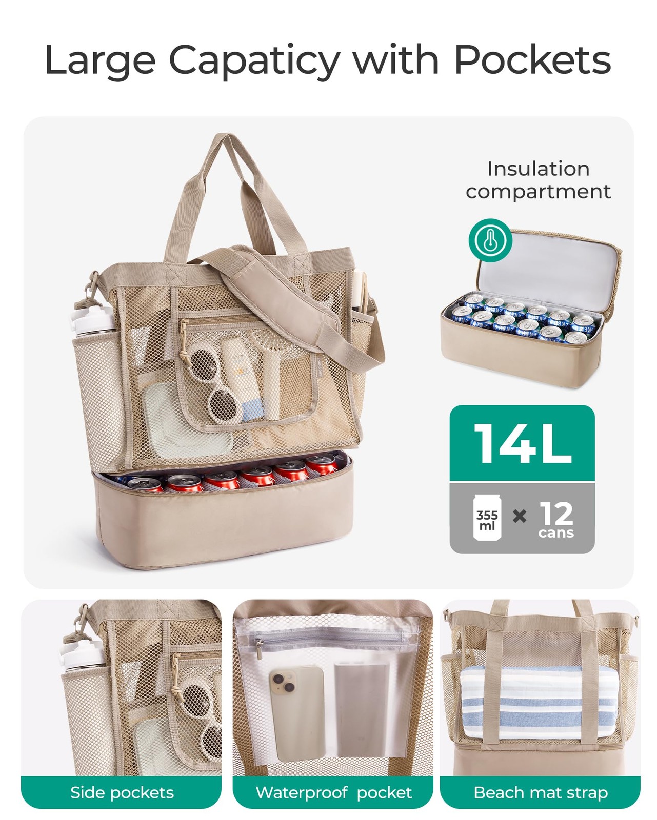 Bagsmart Beach Bag For Women Mesh Tote Bags Zipper Sandproof Vacation