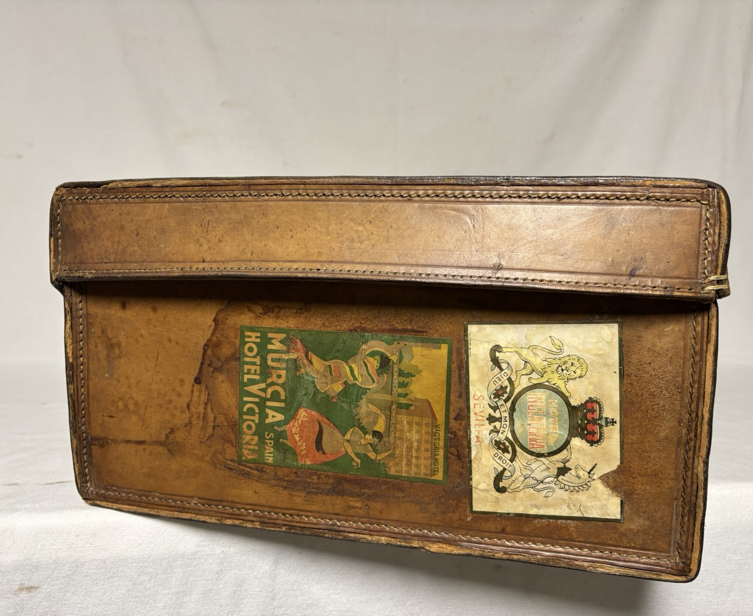 Antique English Leather Suitcase With Hotel Labels