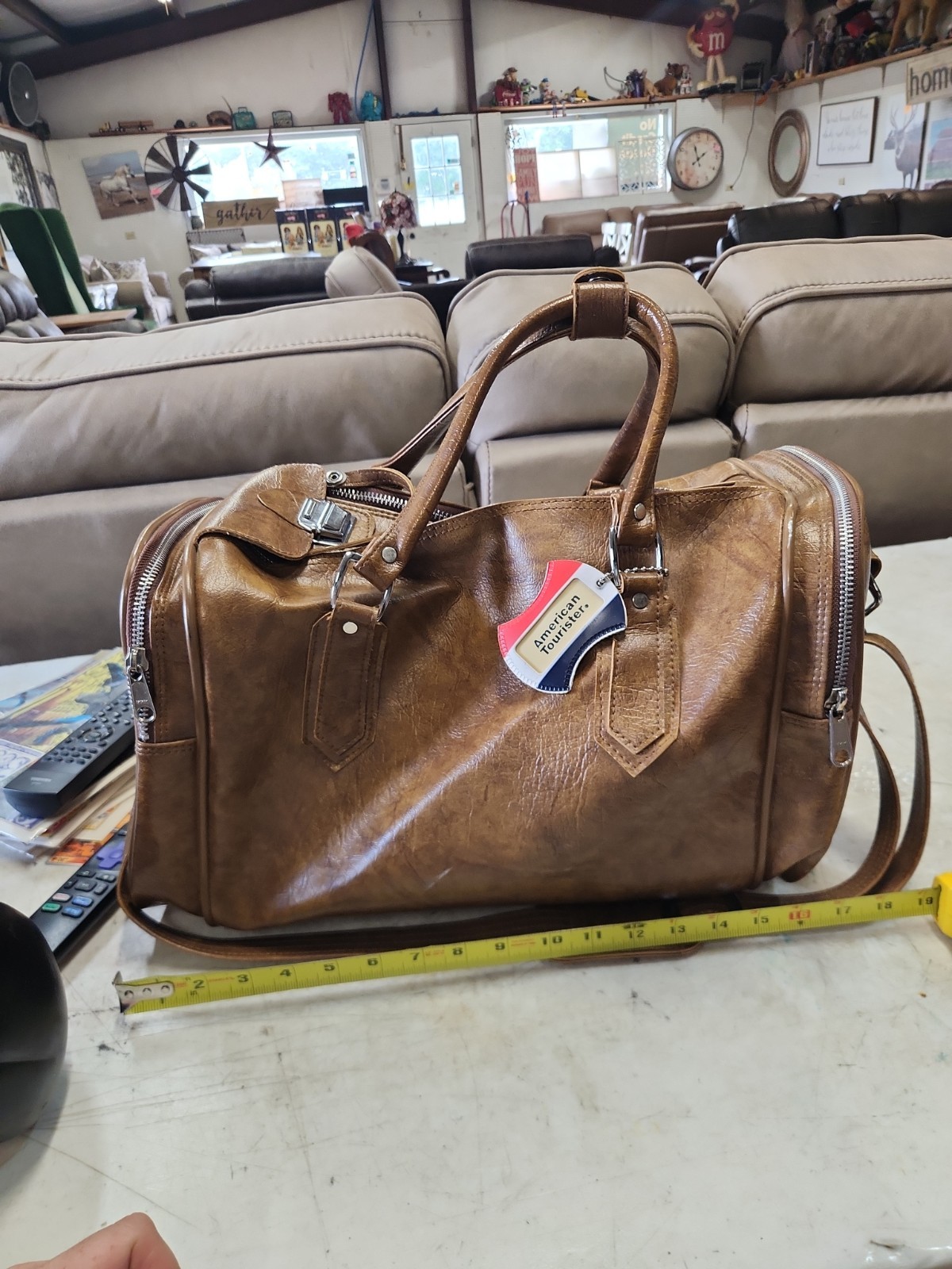 American Tourister Carry-On Vintage Duffle Bag Brown Leather Handles & Strap