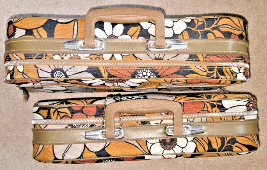 PAIR VTG 60’s Floral Hippie Flower Power MCM Canvas Suitcase Retro Groovy KEYS!
