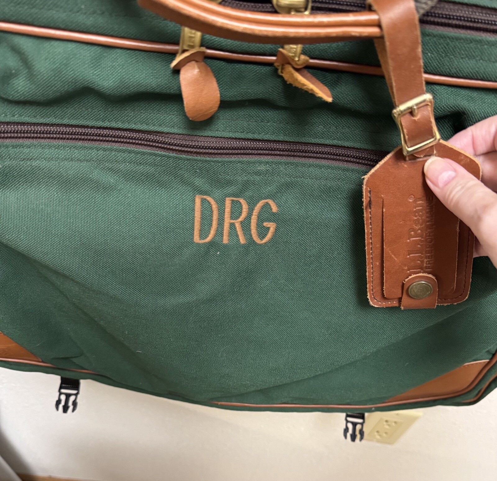 Vintage LL Bean Garment Bag Leather Trim Hunter Green Monogrammed DRG