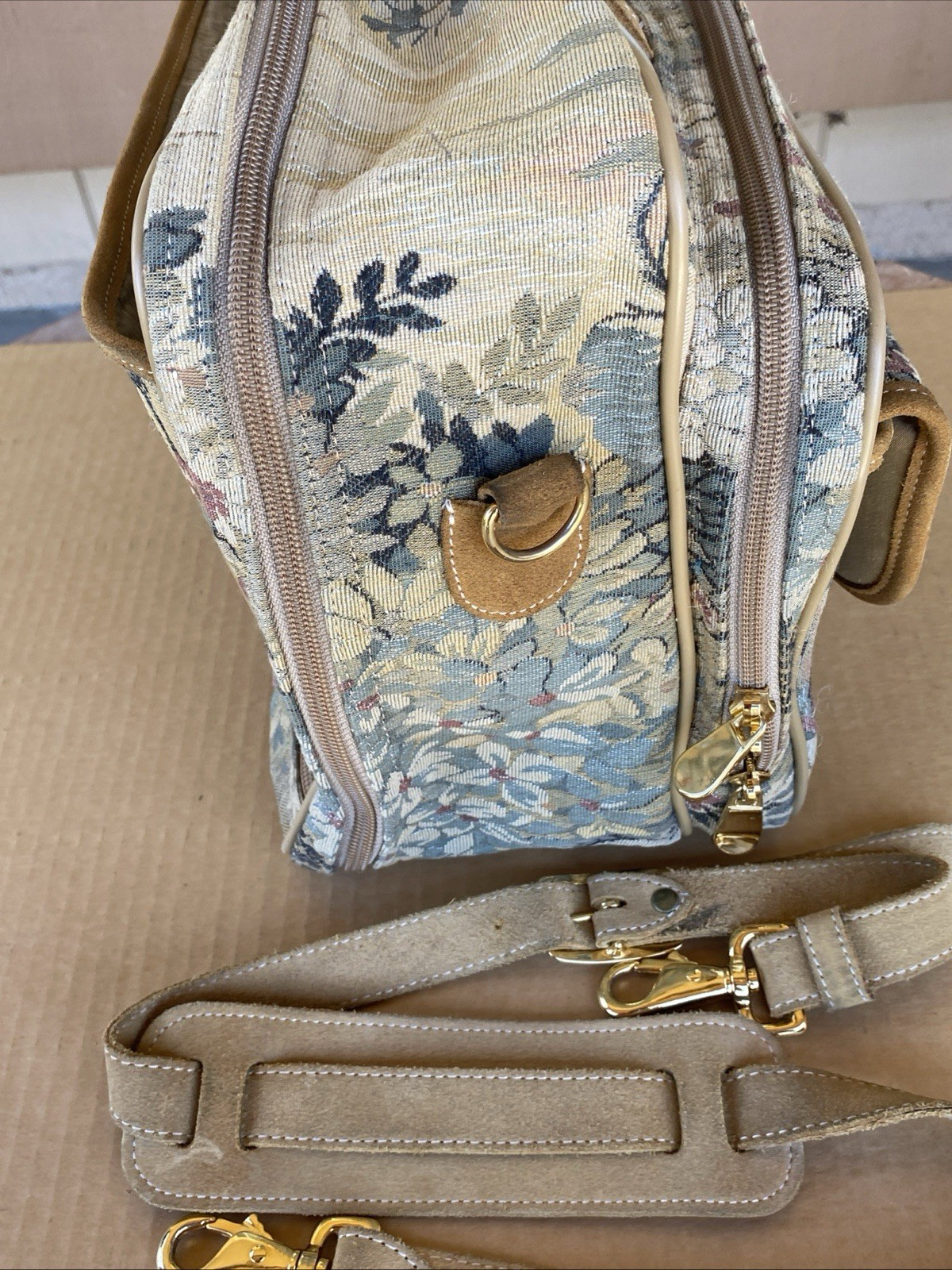 Vintage French Luggage Company Paradise Suede Tapestry Carry On Bag Made in USA