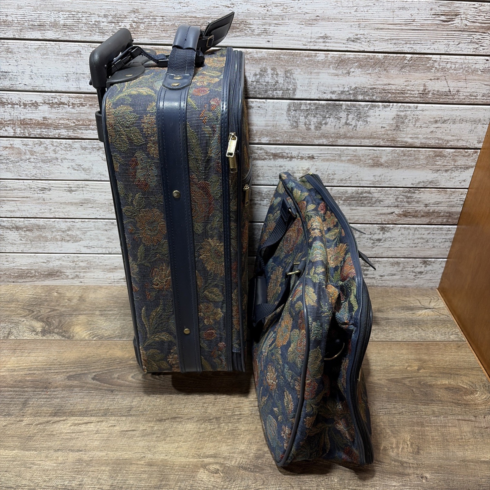 VTG Jaguar 2 Pc. Blue Floral Jacquard J.C. Penney Luggage Set Travel Suitcases
