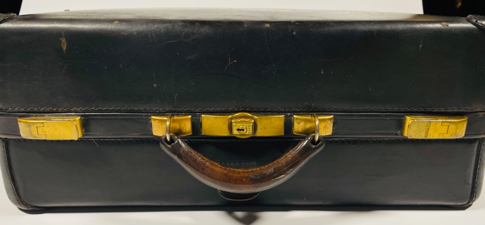 Vintage 1920s Black Leather Suitcase Travel Train Case Luggage Straps No Key