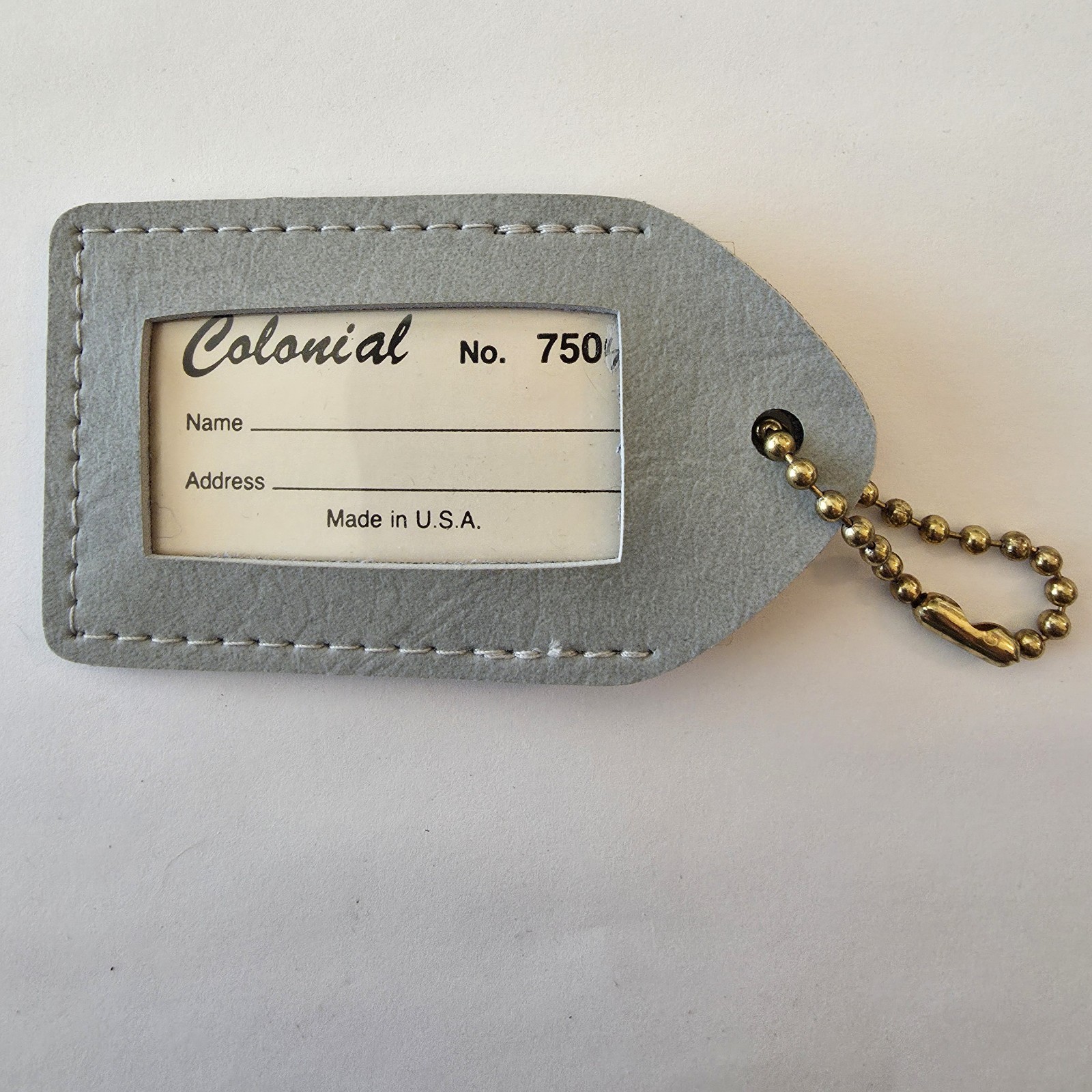 Vintage Leather Luggage Tag Clear ID Window Colonial No 750 USA MCM Gray #160