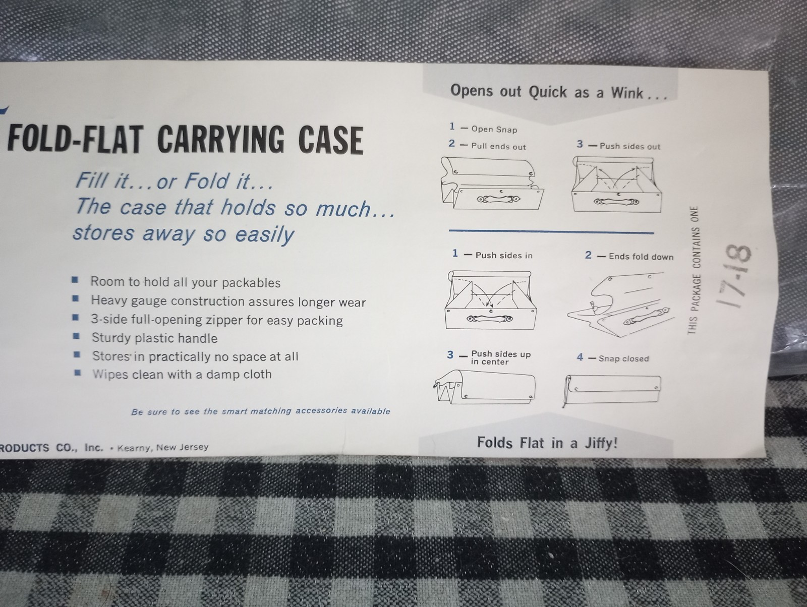 Vintage 1965 Protec Paklite Folding Carrying Case Gray Travelware Never Used 18″