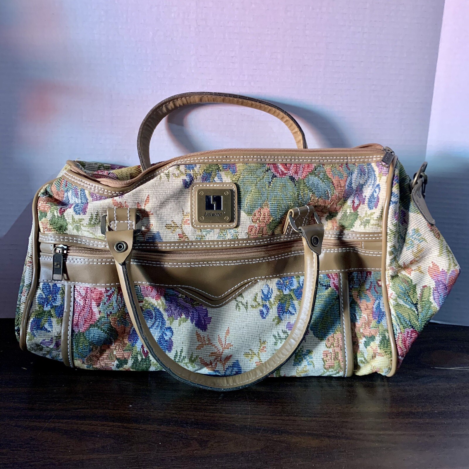 Vintage 80s Leisure Luggage Tapestry Beige Floral Carry On Suitcase Bag Tan Trim