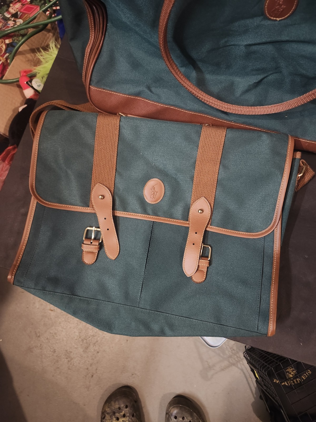 Vtg Polo Ralph Lauren 2pc Travel Bag Set Green Canvas Duffel Messenger Luggage