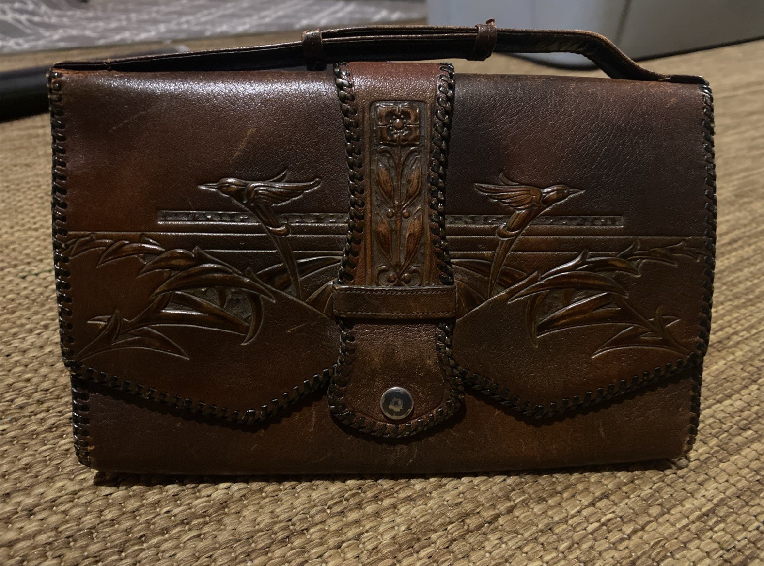 Leather Vintage Travel Case, tooled, handcrafted, adjustable handle, satchel