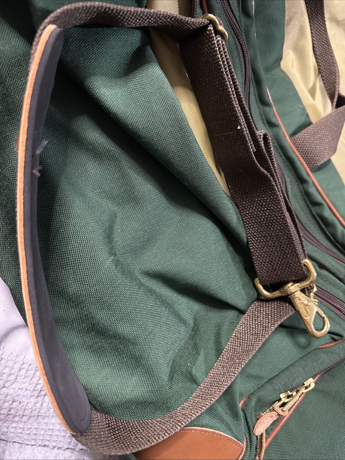 Vintage 80’s LL Bean Canvas Suitcase Luggage Green Leather Trim 26″W 16”H 4”D