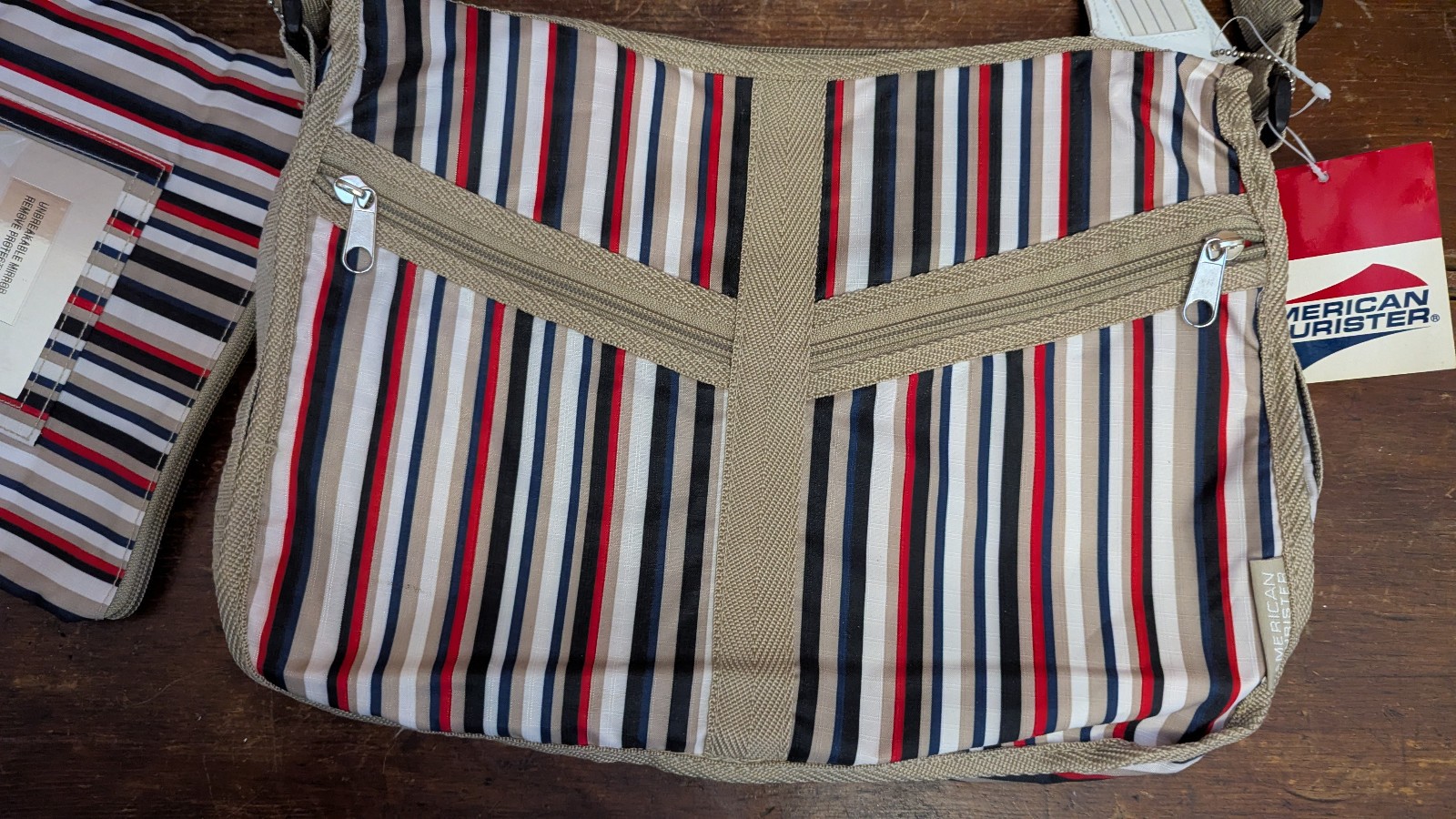 American Tourister 2 Pc Striped Travel Bag Purse, Matching Makeup Purse Name Tag