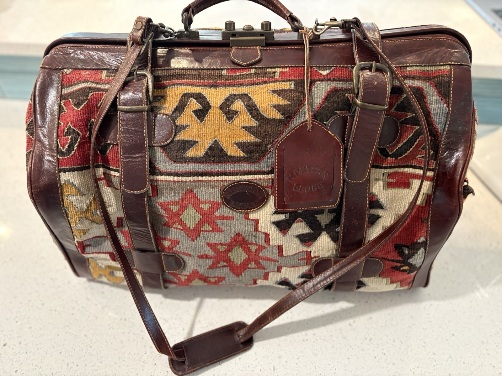 Vintage Leather & Kilim Carry On Travel Weekender Luggage Carpet Bag Overnight