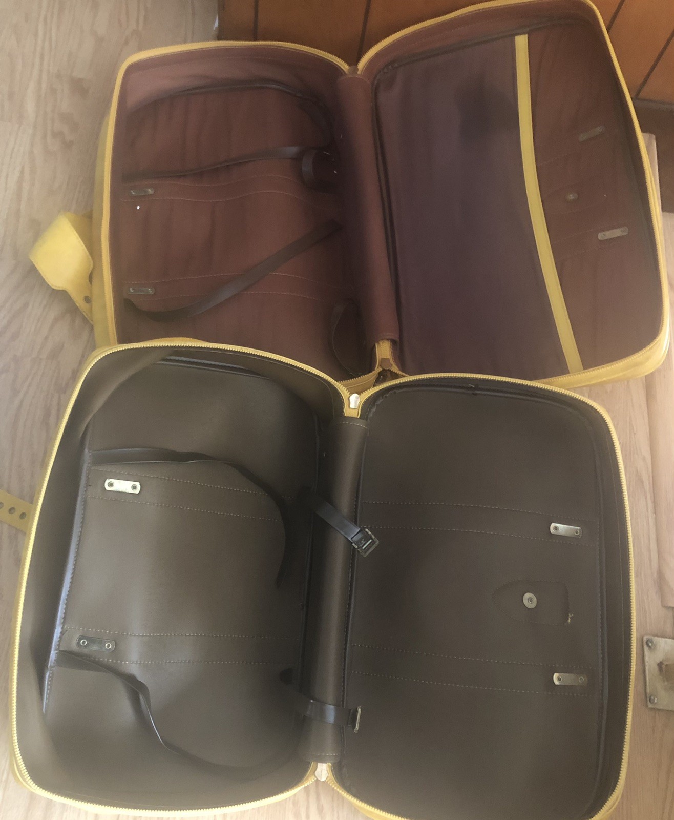 Vtg Mustard Yellow Travel Suitcases Nesting Luggage’s Faux Leather