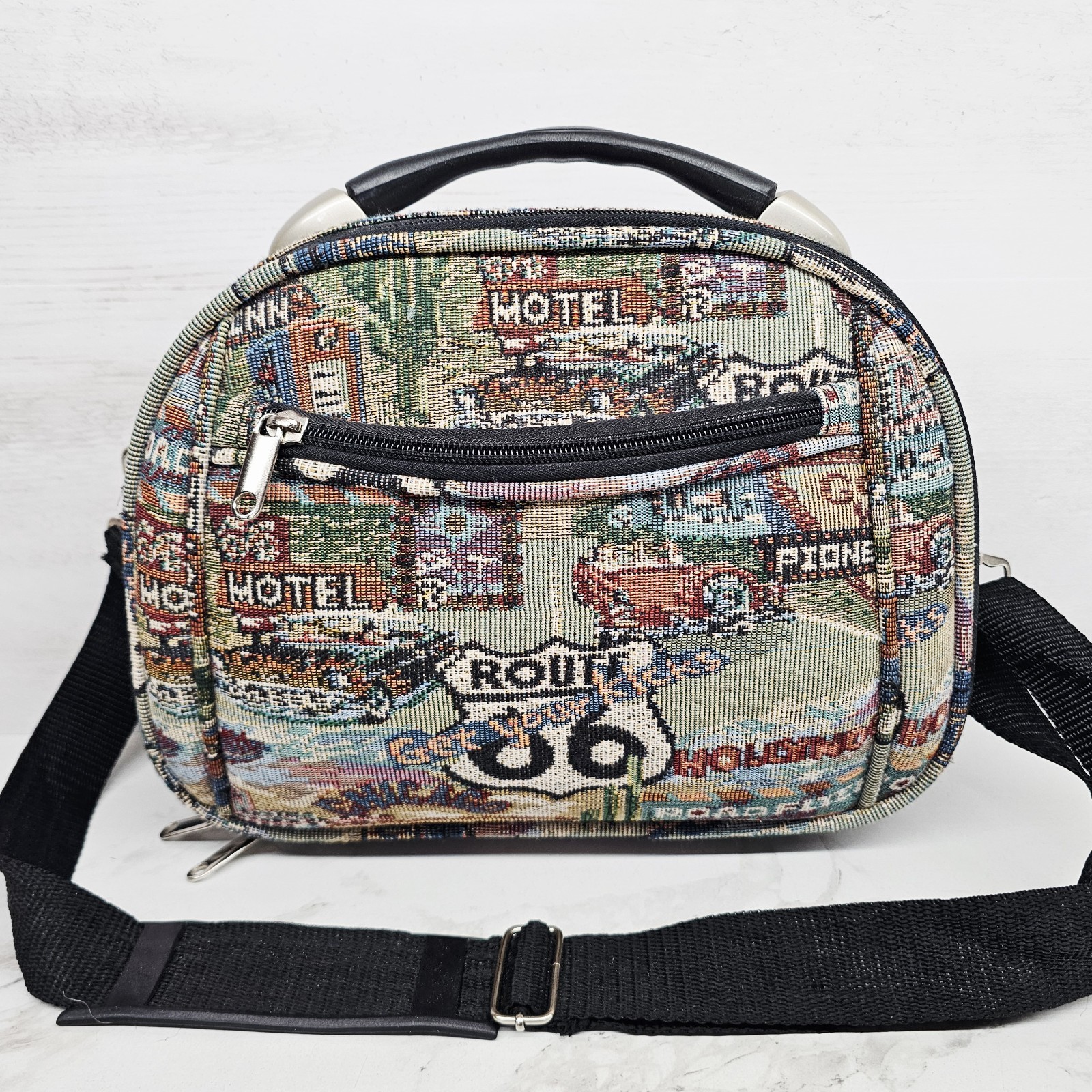 Vtg. Route 66 Luggage Carry On Shoulder Bag Pioneer Express Tapestry