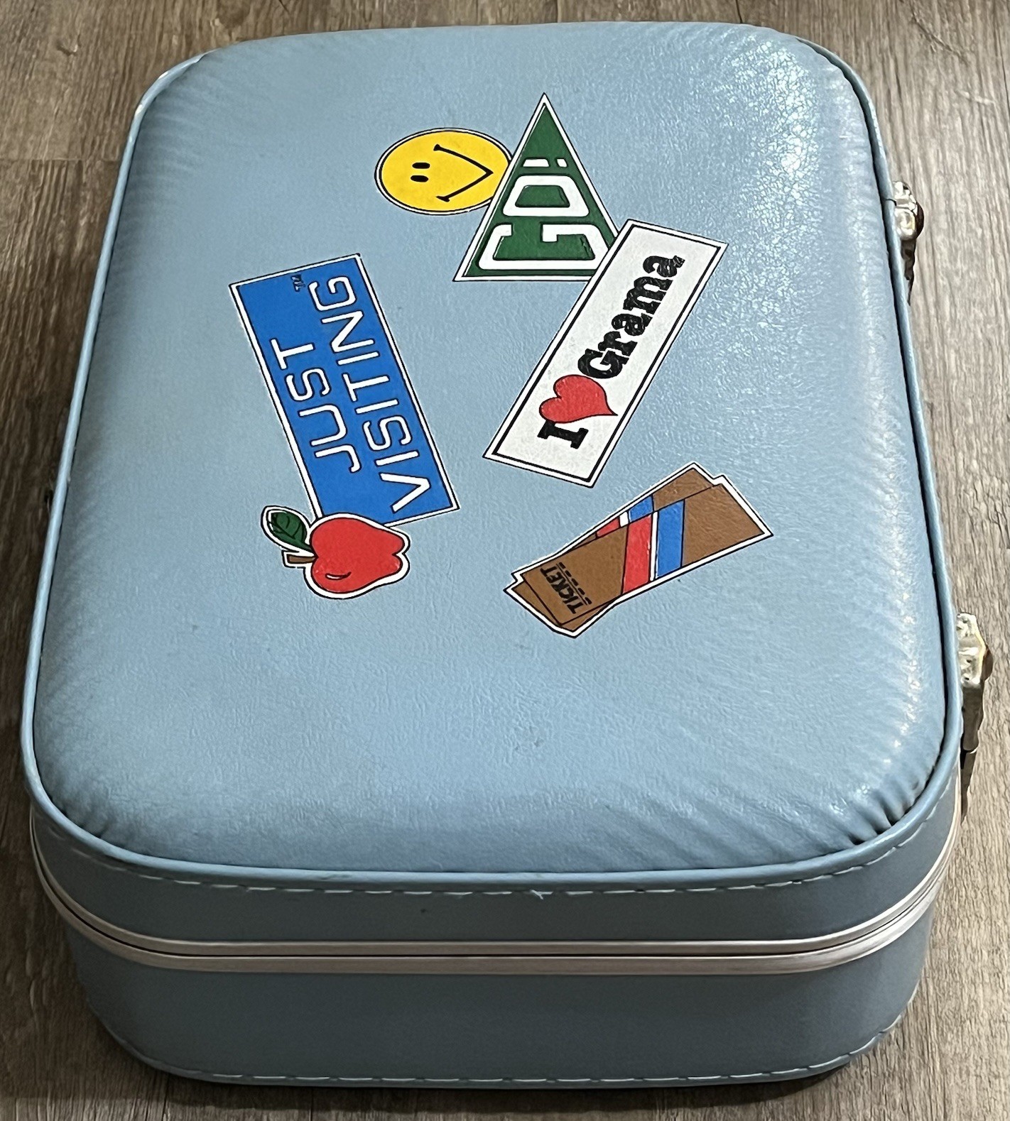 Vintage 1970’s Blue Suitcase Hard Vinyl Vanity Case Travel Visiting Grandma