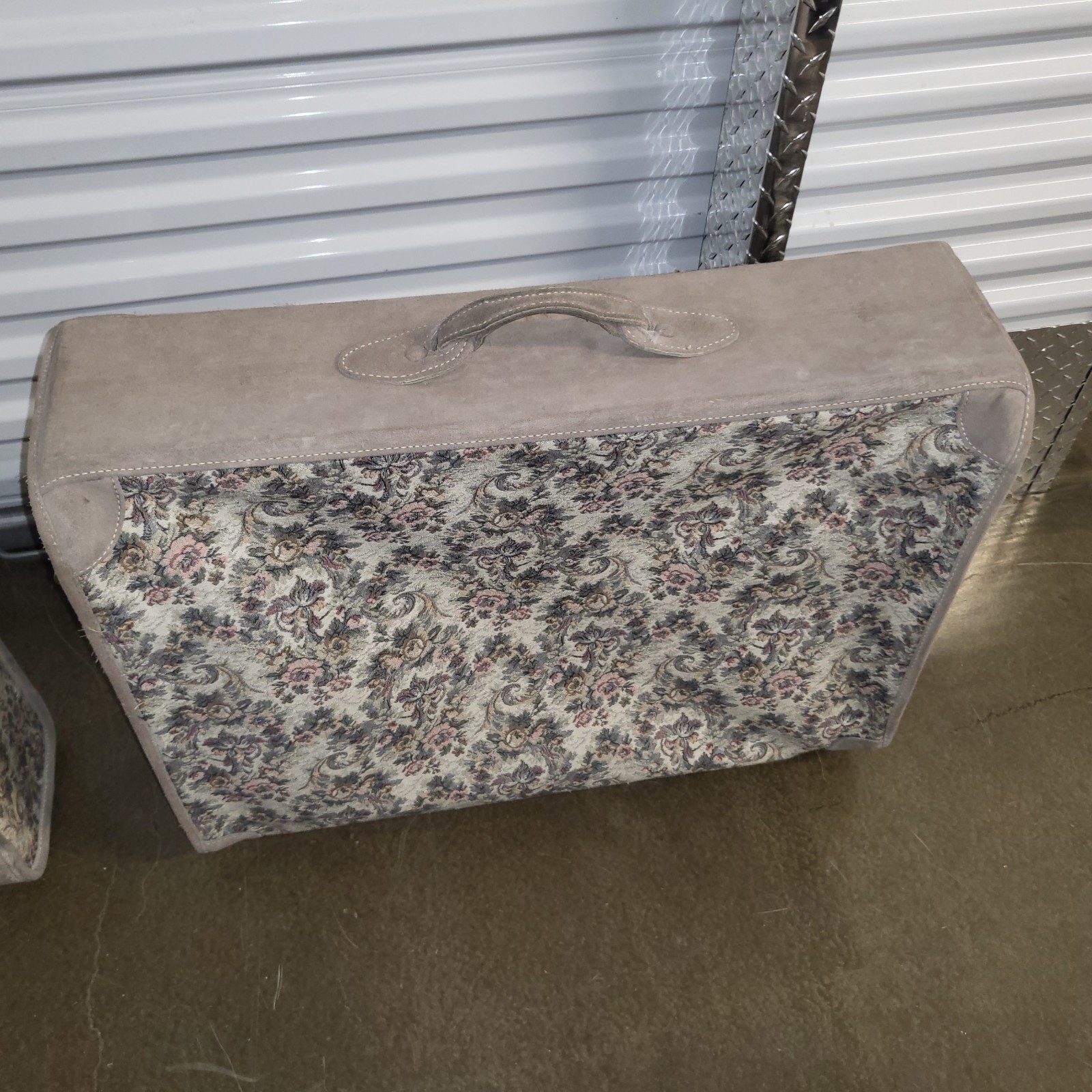Two Vintage French Luggage Co Gray Floral Rose Tapestry & Suede Suitcases 23&28″