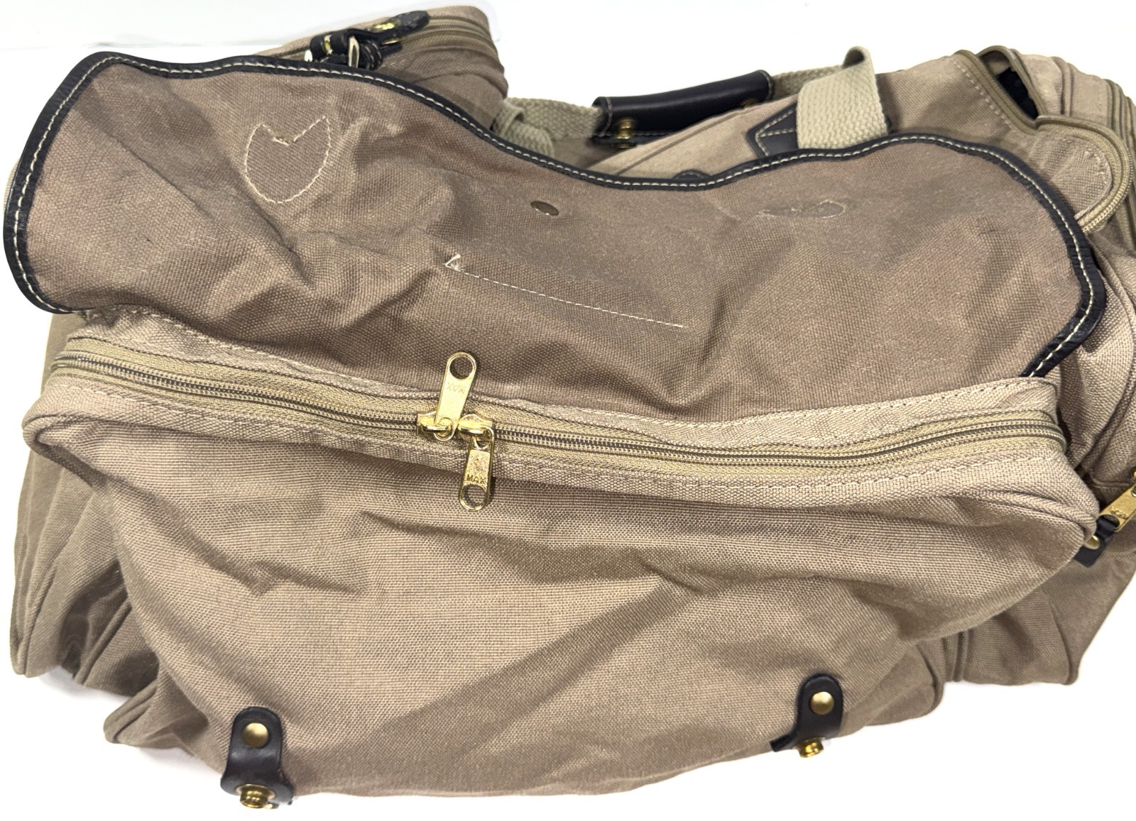 VTG Eddie Bauer Ford Motor Co Tan Canvas Leather Duffle Bag Travel Carry-on 19″