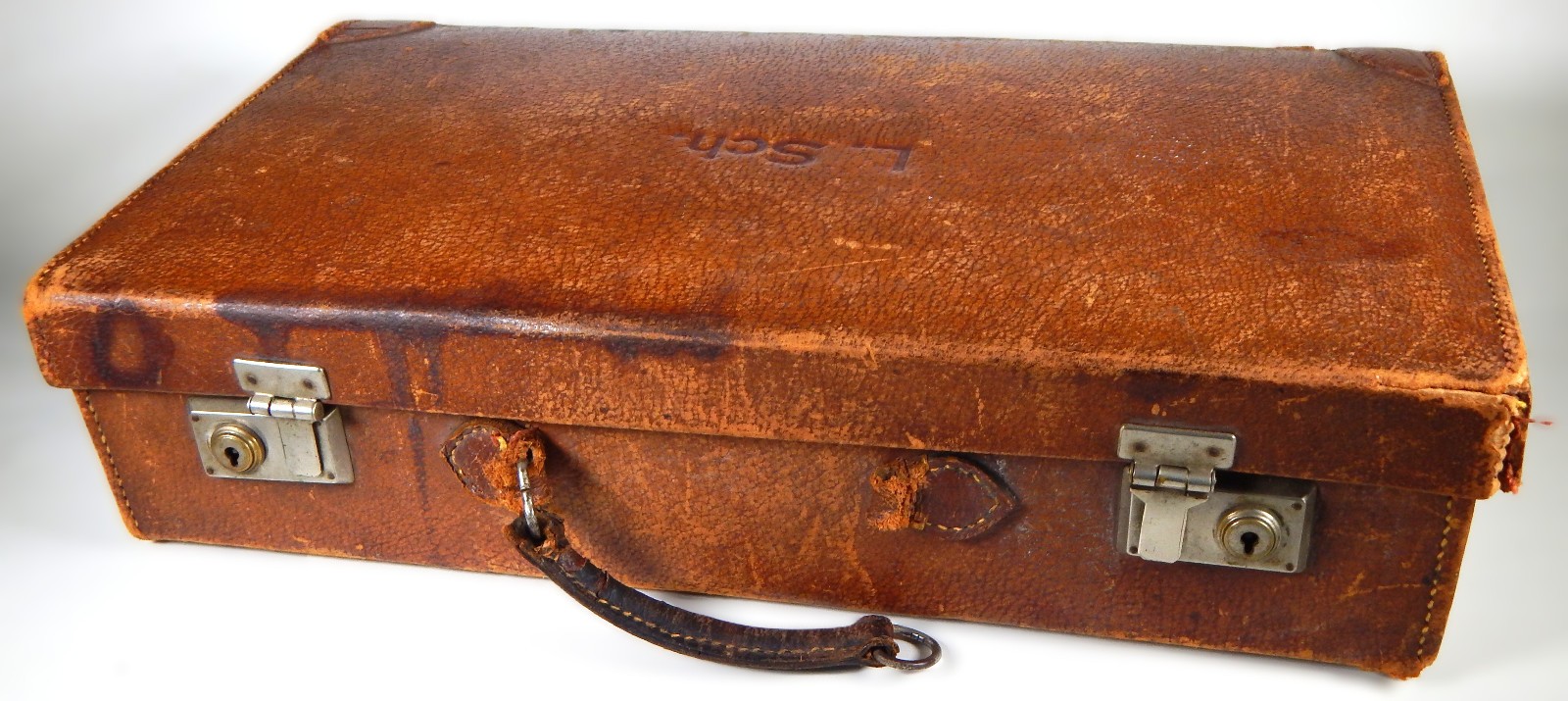 1930-50s LEATHER SUITCASE AGE PATINATION TRAVEL STICKERS EMBOSSED MONOGRAM 18×10