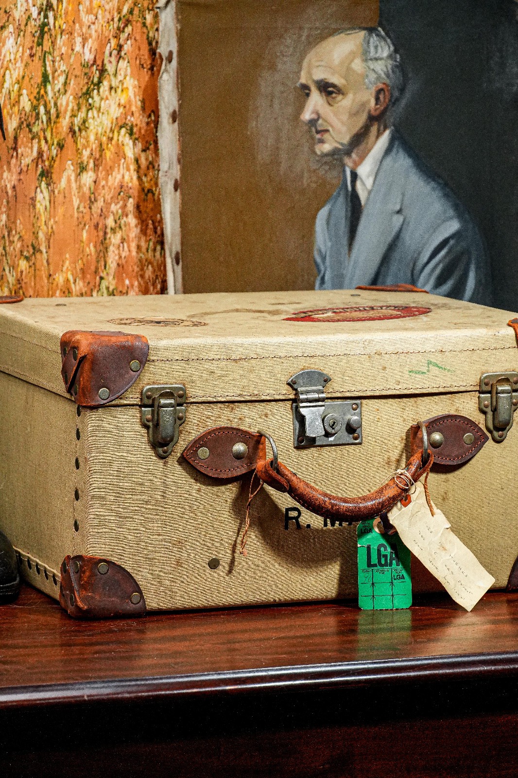 Neat 1930s Travel Trunk Luggage Suitcase Antique Leather Travel Decor Prop