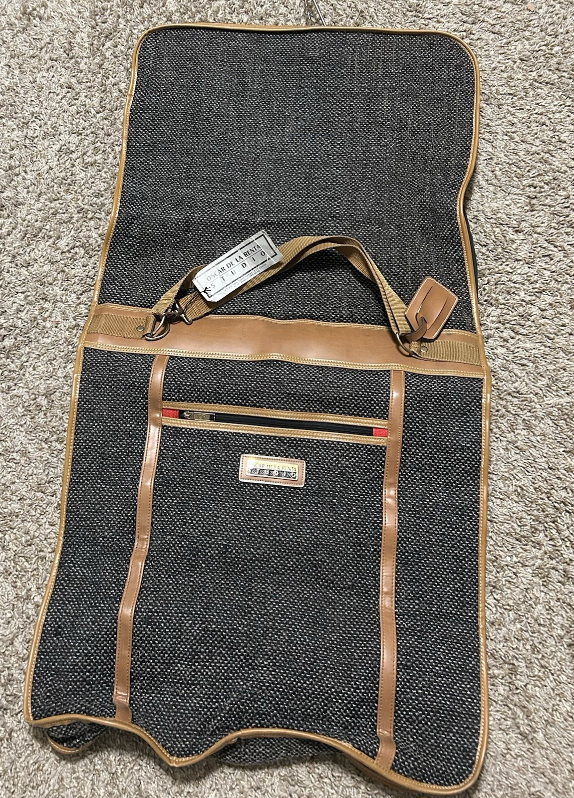 Vtg Oscar De La Renta Tan Green Tweed Folding Garment Bag Designer Luggage NWT