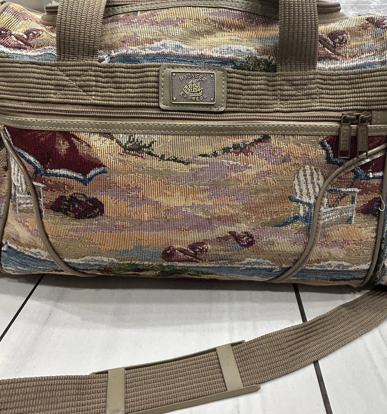 Vintage Pioneer Express Tapestry Bag – Beach Scene/Coastal Nautical Tote Large
